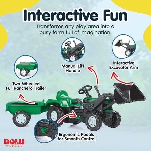 DOLU Pedal Operated Ride On Tractor for Kids with Full Ranchero Trailer, Indoor Outdoor Toy Vehicle with Front Loader & Hauling Trailer for Ages 3–6
