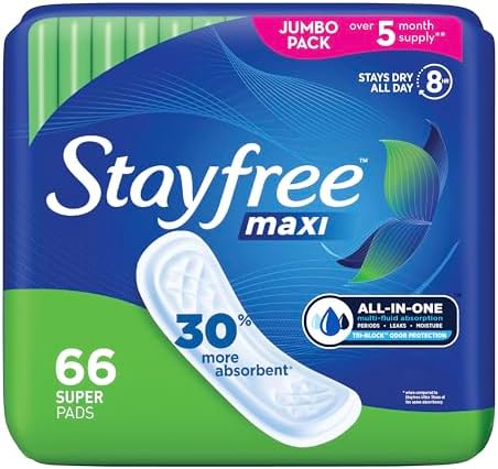 Stayfree Maxi Super Pads Wingless, Period and Leaks, 66 ct