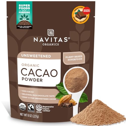 Navitas Organics Cacao Powder - Cocoa Powder Substitute 1:1, For Hot Chocolate, Baking & More - Regenerative Organic Certified, Non GMO, Fairtrade