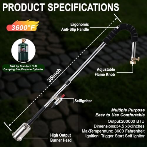KOMAN Weed Torch Propane Burner, 35" Long Arm, Self-Ignition, Fuel by 1LB /5-40LB Propane Tank, for Roofing, Weeding