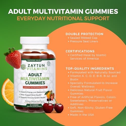 Zaytun Vitamins Halal Adult Multivitamin Gummies for Men, Women, Complete Everyday Nutritional Support with Biotin, Vegan, Natural Fruit Flavors