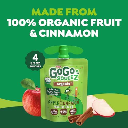 GoGo squeeZ No Sugar Added Organic Applesauce, Apple Apple, 4 Count | Kids on the go fruit snack made with applesauce & fruit puree; 3.2 oz pouches, gluten and nut free, recloseable cap, BPA-free