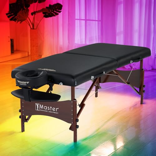 Master Massage Newport Portable Massage Table Package with Denser 2.5" Cushion, Walnut Stained Hardwood, Steel Support Cables, Pillows & Accessories, Black, 30"