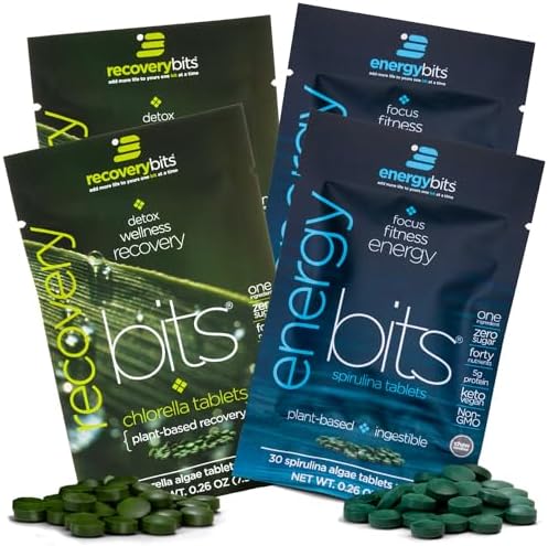 ENERGYbits/RECOVERYbits - Organic Spirulina & Chlorella Tablets - Single Serving Sample Packs - Algae Superfood - High Protein
