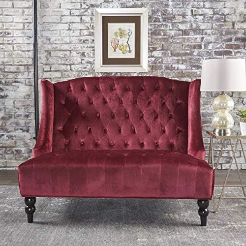 Christopher Knight Home GDFStudio Leona Modern Glam Tufted Velvet Wingback Loveseat, Wine and Dark Brown, 34.00 ''D x 50.25‘’W x 38.50'' H