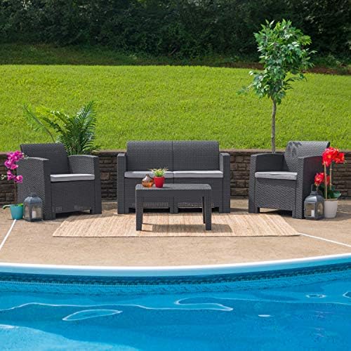 EMMA + OLIVER Light Gray Faux Rattan Loveseat with Light Gray Cushions