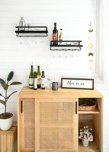 Mkono Wall Mounted Wine Rack Set of 2 Wood Rustic Wine Bottle Glass Floating Shelves with Stemware Hanger Modern Plants Photos Wine Display Storage