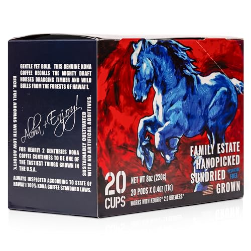 Blue Horse 100% Kona Coffee Pods, Medium Roast, 10ct Single Serve, Compatible with K Cups 2.0, Farm Fresh, Authentic Arabica Beans from Hawaii’s Big Island with a Smooth, Rich Flavor