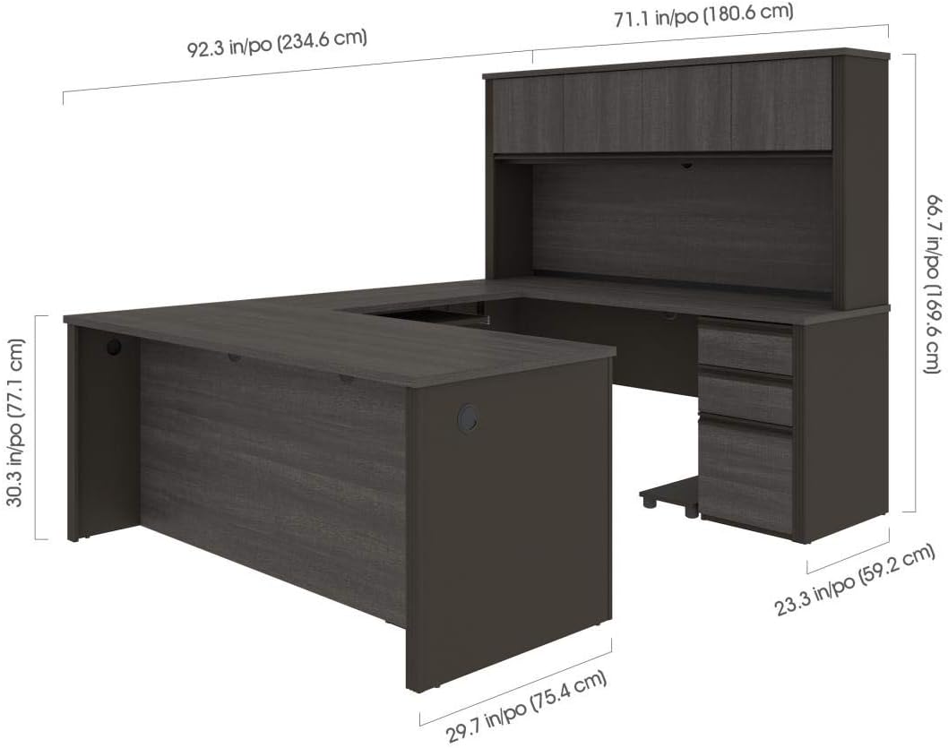 Bestar Prestige + 72W U-Shaped Executive Desk with 2 Pedestals and Hutch in White Chocolate & Antigua | With 2 Pedestals and Hutch; with Narrow Desk Shell, Desk Shell, Desk Bridge, Keyboard Tray, CPU Stand; stands 67 in. tall