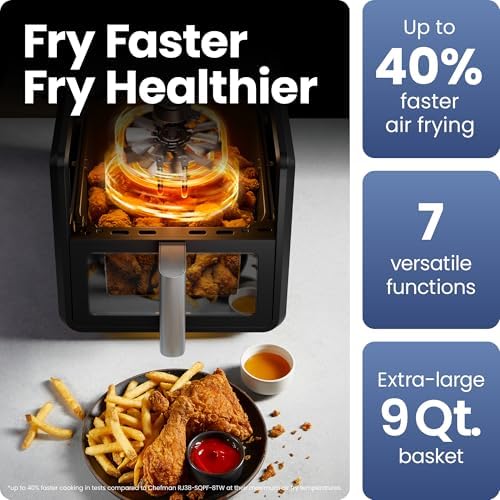 Chefman Air Fryer 8 Qt | TurboFry® 4-in-1 with 450°F Hi-Fry Option for Crispier Results | Bake, Dehydrate