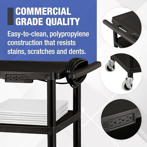 Norwood Commercial Furniture Mobile Utility AV Cart with Power Strip and Casters, Rolling Presentation and Media Cart on Wheels, Black