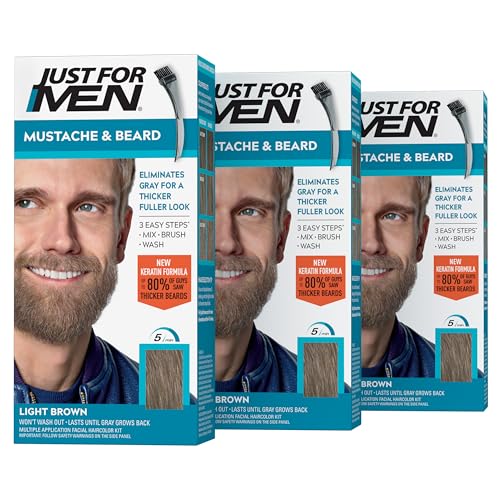 JUST FOR MEN Mustache & Beard Dye, Keratin, Light Brown M-25 (1 Pack) | Mustache & Beard color light brown designed for facial hair to instantly eliminate gray. Enhanced with keratin & biotin.