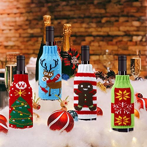 Boao 6 Sets Christmas Wine Bottle Cover and Hats Decoration Handmade Ugly Sweater Knit Wine Bottle Dress Santa Reindeer Snowman for Christmas