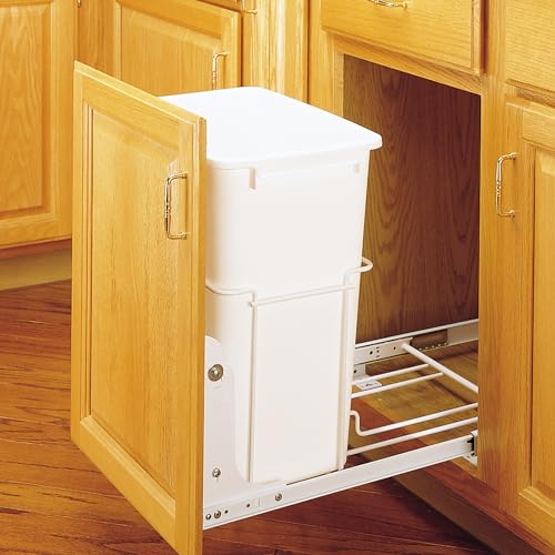 Rev-A-Shelf Double 35 Qt Pullout Trash Can for Base Kitchen Cabinets, Garbage Waste Bin System with Full-Extension Slides, Min Opening Width of 14.75" White, RV-18PB-2 S