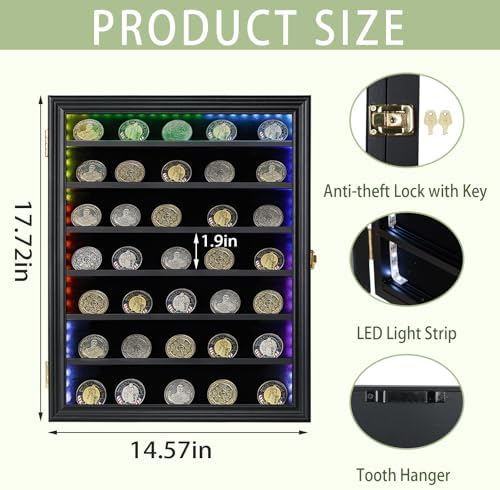 Jinchuan Military Challenge Coin Display Case Lockable Cabinet Rack Holder Shadow Box with Removable 2 Grooves Shelves and Anti Dust Door for Casino
