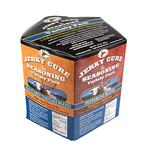 Hi Mountain BOLD & SAVORY Jerky Seasoning and Cure Kit | Variety Pack | Bold & savory flavors: Mandarin Teriyaki, Pepperoni, Sweet & Spicy, Inferno, & Pepper, Beef, Venison, Deer, Elk, Up to 20 lbs