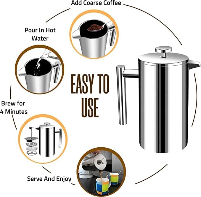 Utopia Kitchen 304 Grade Stainless Steel French Press 34 Oz, Silver | Double Wall Insulated Coffee Press with 4-Level Filtration System, Include 2 Extra Filters, Rust-Free, Dishwasher Safe
