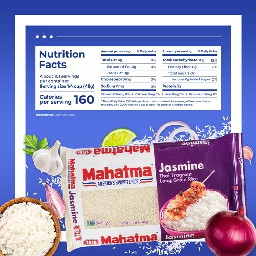 Mahatma Jasmine Rice, Fragrant Thai Rice, 5-Pound Bag | Aromatic rice for stovetop or microwave, quick and easy to cook, gluten-free, vegan, kosher, non-GMO, bulk bag