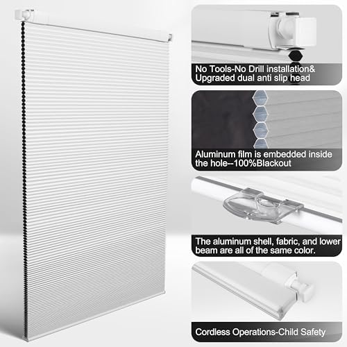 No Drill No Tools Blackout Cellular Shades, White, Custom Size | No Tools Honeycomb Blinds for Indoor Windows.Easy to Install