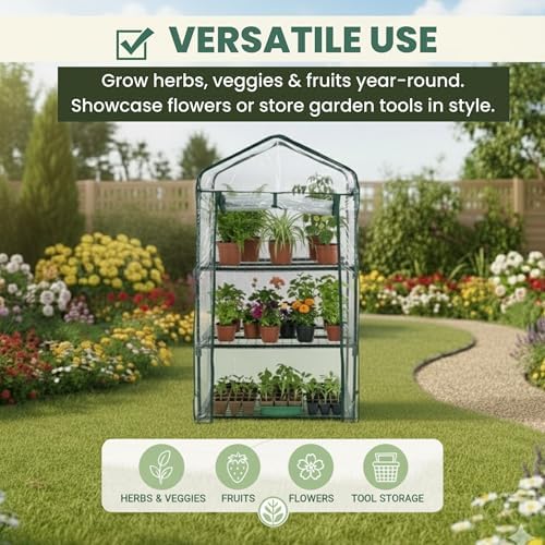 3 Tier Mini Greenhouse - Portable Greenhouse with Rust-Resistant Frame and PVC Cover for Indoor/Outdoor - 27.5x19x50-Inch Green House by Pure Garden