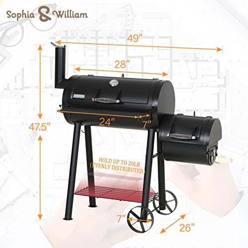 Sophia & William Vertical Offset Charcoal Smoker 961 SQ.IN. Cooking Area | Extra Large Heavy-Duty Outdoor BBQ Gill Offset Smoker with Warming Tray, Push-out Ash Tray for Outdoor Cooking, Black