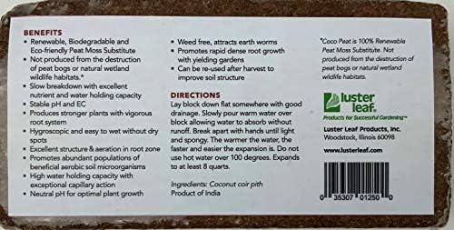 Luster Leaf 1250 1.4 lb. Coco Coir Growing Medium and Seed Starting Mix, 1.4lb, Brown