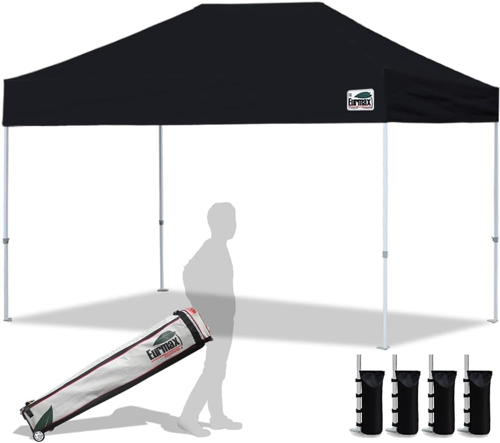 Eurmax USA 10x10ft Pop Up Canopy,Commercial Instant Tent for Outdoor Events,Patented No-Tip Rolling Storage Bag with 4 Sandbags,UV & Water Resistant,Heavy Duty Portable Shelter Gazebo,Black