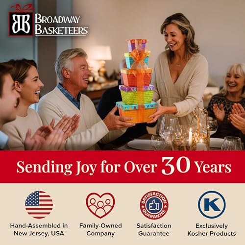 Broadway Basketeers Fun Filled Birthday Gift Basket, Savory Snacks & Sweet | Happy birthday snack boxes with cookies, popcorn, and candy for women, mom, sister, and coworkers.