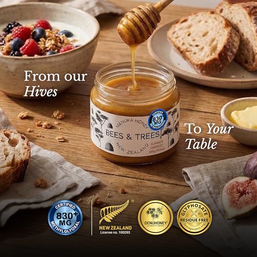 Bees & Trees Manuka Honey 550+ MGO - Raw Pure New Zealand Monofloral, 380g | Natural, Unpasteurized, Minimally Processed Mānuka Honey for Your Daily Routine, Tea, Coffee & Smoothies