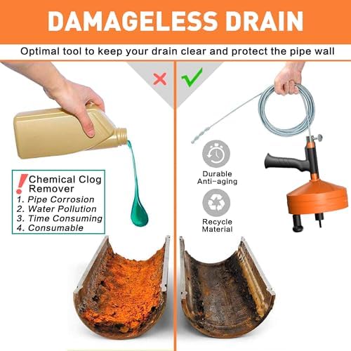 BACOENG 25Ft Drain Auger, Heavy Duty Plumbing Snake with Drill Adapter, Use Manually or Powered for Drain Clog, Shower Sink, Comes with Gloves and Bag (Orange)