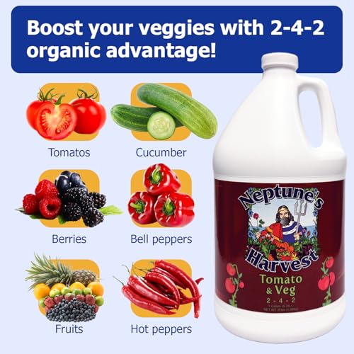 Neptune’s Harvest Organic Tomato & Vegetable Plant Fertilizer (2-4-2) - Liquid Plant Food w/Fresh Fish, Seaweed, Molasses, Yucca Extract, & Humic Acids - for Vegetable Garden (Gallon)