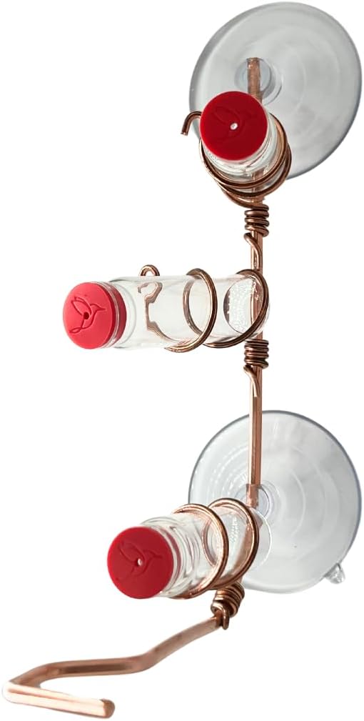 Window Hummingbird Feeder | Handcrafted Copper and Aluminum | Multiple Stations | Modern Hummingbird Feeder | Glass Bottles | Suction Cups (Copper, Four Station)