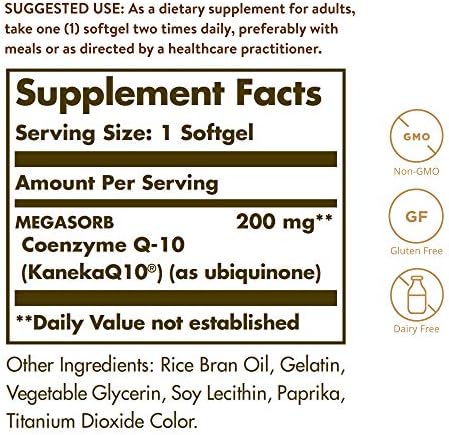 Solgar Megasorb CoQ-10 200 mg, 60 Softgels, Supports Heart & Brain Function | Coenzyme Q10 Supplement, Enhanced Absorption, Non-GMO, Gluten Free