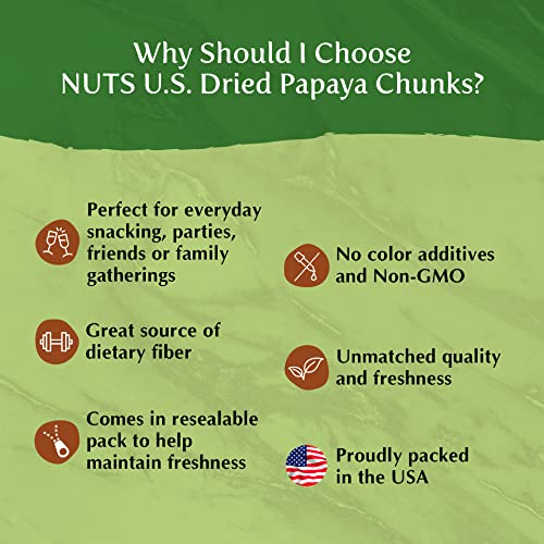 NUTS U.S. - Unsulphured Dried Papaya Chunks | Low Sugar | No Color Added | NON-GMO and Gluten Free | Vegan Snacks | Packed in a Resealable Bag!!! (1 LB)