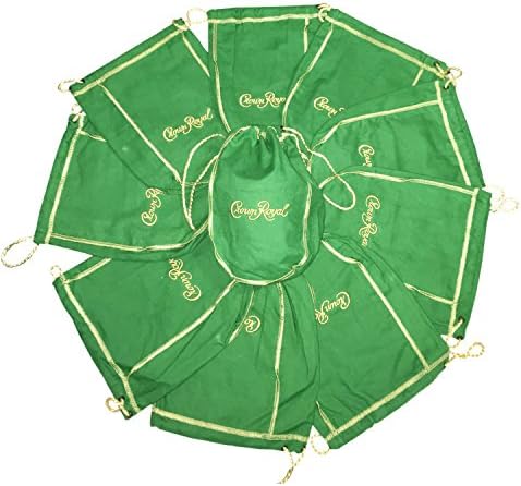 Pack of 10 Green Crown Royal Bags w/Gold Drawstrings from 1 Liter Bottles (9 inch x 5.5 inch) for Gift Bags