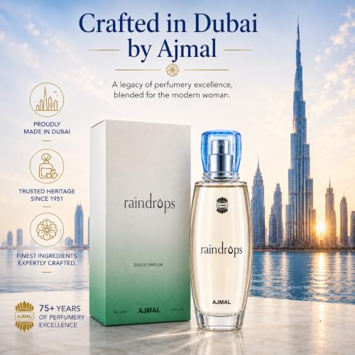 Ajmal Rain Drops EDP for Women, 1.7 fl oz / 50 ml | Fresh floral and fruity inspired by ocean breeze. Long-lasting and ideal for everyday elegance.