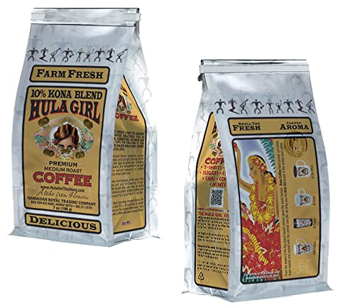 Hula Girl 10% Kona Ground Coffee, Grown in Hawaii, Hand Picked, Sun Dried, Fresh Roasted and Packed in Hawaii for 30 years, 7 Ounce