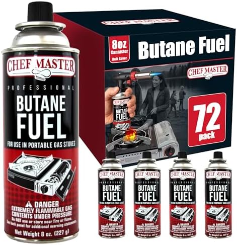 Chef Master Butane Fuel Canister, Camp Stove & Torch Refill, 8 oz, 12-Pack
