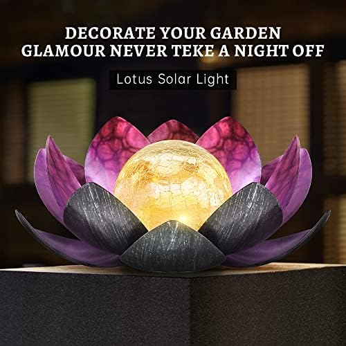 Outdoor Solar Lights, Garden Decor, Crackle Glass Globe, Waterproof Metal Lotus Flower Light for Patio, Lawn, Walkway, Tabletop, Ground