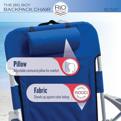 Rio Beach 2-Pack Wide Big Boy 4-Position Backpack Beach Chair with Pillow, Arms, and Storage Pouch, Lightweight Outdoor Portable Camping Chair with Carry Straps, Supports up to 300 lbs., Blue/Red