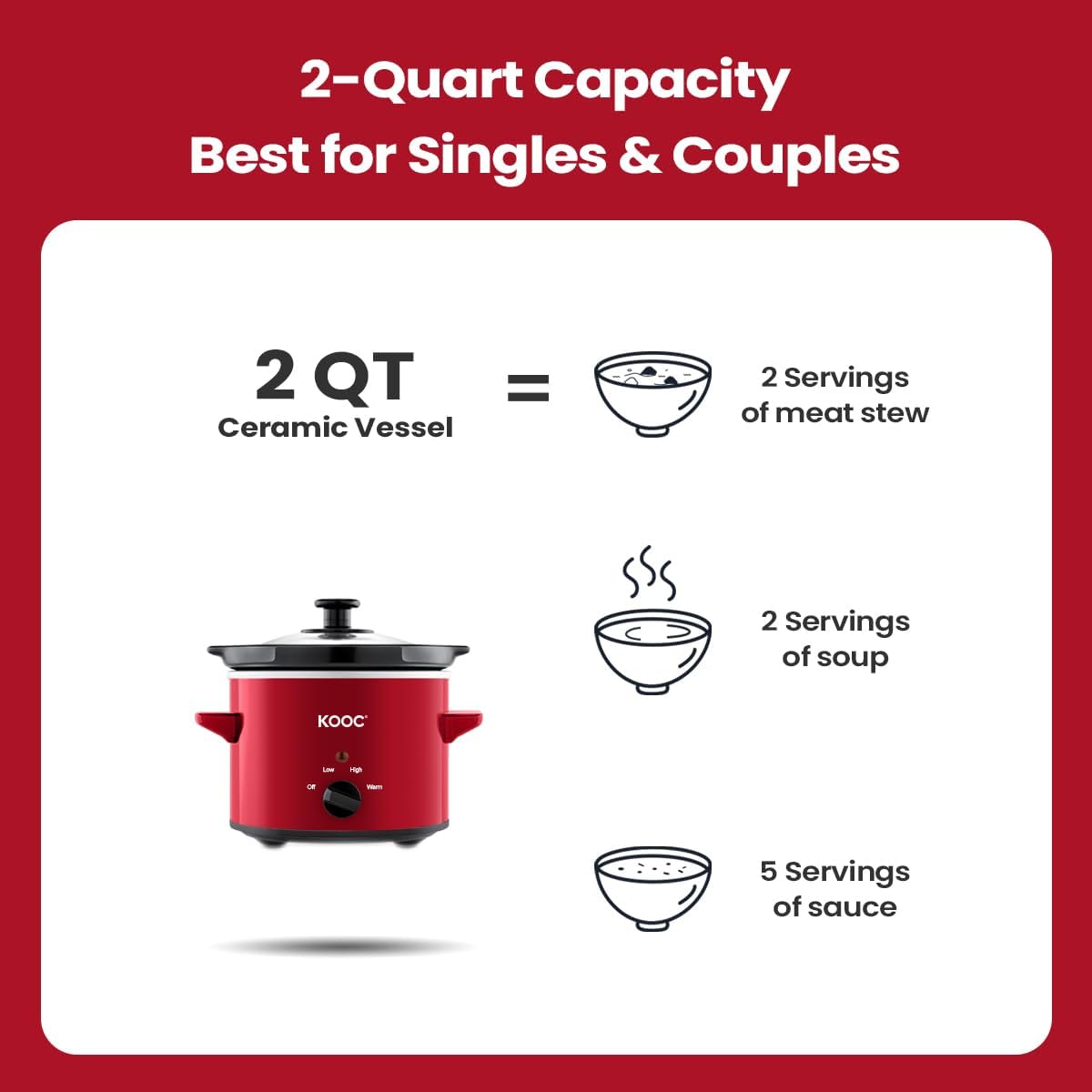 KOOC Small Slow Cooker, 2-Quart, Free Liners Included for Easy Clean-up, Upgraded Ceramic pot, Adjustable Temp, Nutrient Loss Reduction