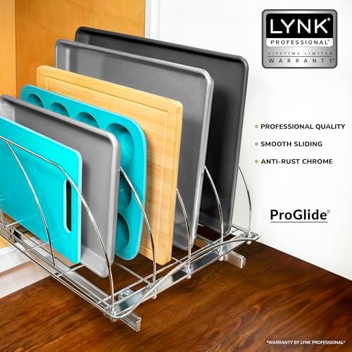 LYNK PROFESSIONAL® Pull Out Cookie Sheet Organizer for Cabinet – Baking Sheet Organizer – Sheet Pan Organizer - Lifetime Ltd. Warranty – 10” x 21” Deep Inside Cabinet, Chrome