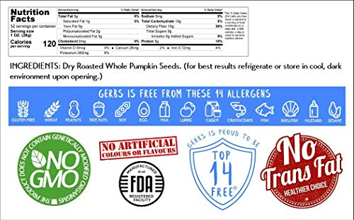Gerbs Raw Whole Pumpkin Seeds 2 lbs. | In-Shell, 10.5 mm Size, Resealable Bag | Mildly Nutty & Crunchy | Top 14 Allergen-Free