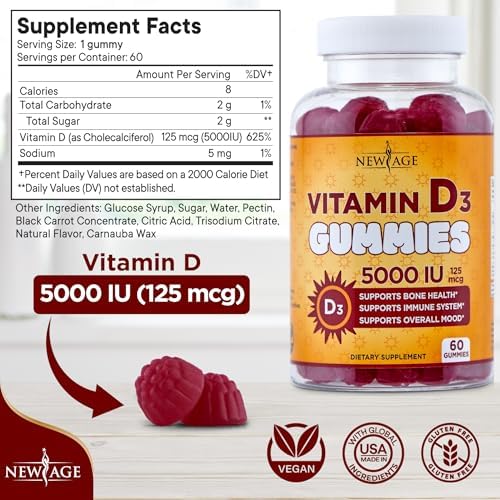 NEW AGE Vitamin D3 5000 IU 125mcg Gummies - Immune Supplement - Non-GMO, Gluten-Free, Dairy-Free, No Gelatin (120 Gummies (Pack of 2))