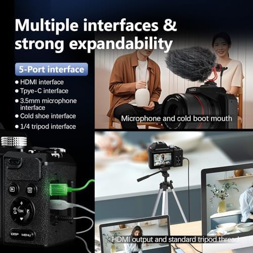 8K & 64MP Digital Camera for Photography, 48X Zoom with Moon Mode，Black | 16X Optical + 3X Digital, 180° Flip Screen, WiFi, Micro HDMI