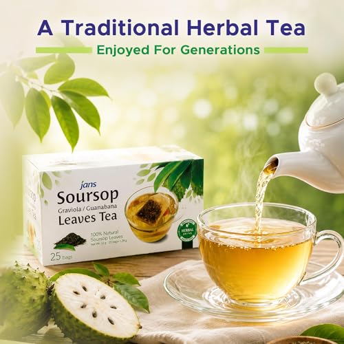Jans Soursop Tea Bags 25 Count | 100% Natural Soursop Leaves | Caffeine Free Sour Sop Tea | Vegan Herbal Tea | Individually Wrapped Tea Bags | Cholesterol Free Sugar Free Relaxation Beverage