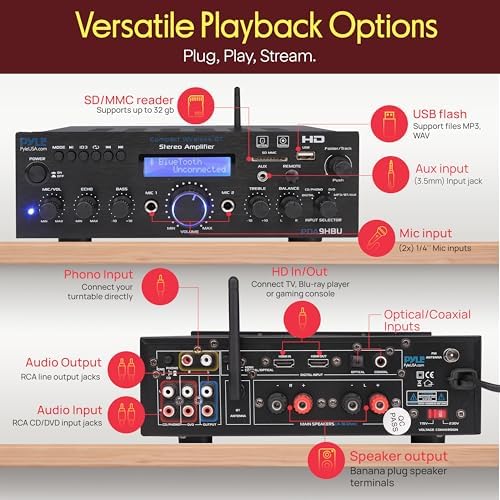 Pyle Wireless Bluetooth Home Stereo Amplifier - Multi-Channel 200 Watt Power Amplifier Home Audio Receiver System w/HDMI, Optical/Phono/Coaxial