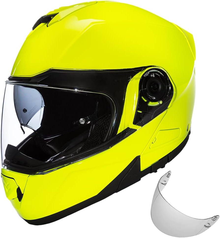 Daytona Helmets - Fluorescent Yellow | Lightweight Dirt Bike | Anti-Scratch Shield | DOT Approved & Anti Fog | Dual Density EPS Liner | Bluetooth