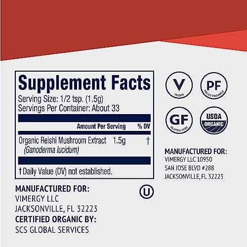 Vimergy Reishi Powder – Superfood Cellular Support* – Benefits Immune Health* – USDA Certified Organic, Vegan, Paleo-Friendly, Gluten-Free – 33 Servings | Superfood Cellular Support*, Adaptogen*, Boosts Immunity*, Vegan, Alcohol & Gluten-Free Supplement