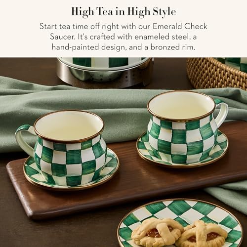 MACKENZIE-CHILDS Enamel Saucer, Black-and-White Courtly Check | Hand-painted design, made from enameled steel, small plate for a coffee cup or teacup, 6" dia.